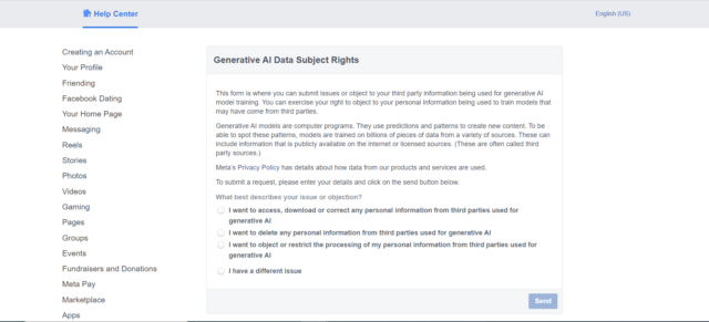 Screenshot of Facebook's Generative AI Privacy Page 