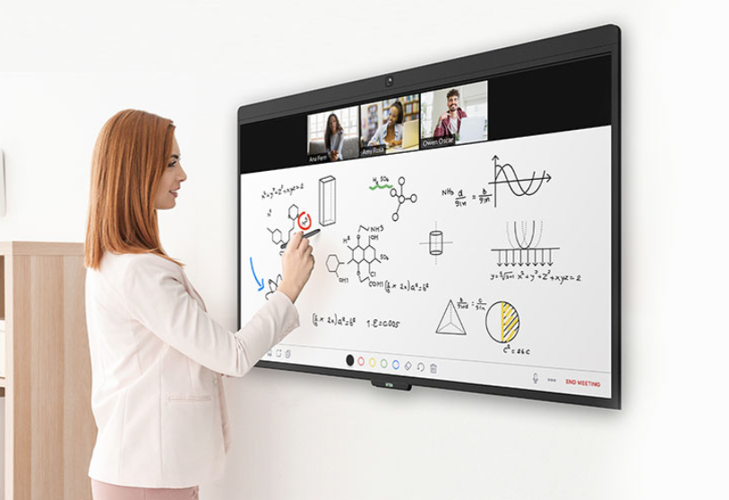 Zoom Education. Teacher writing on virtual whiteboard for students on video call